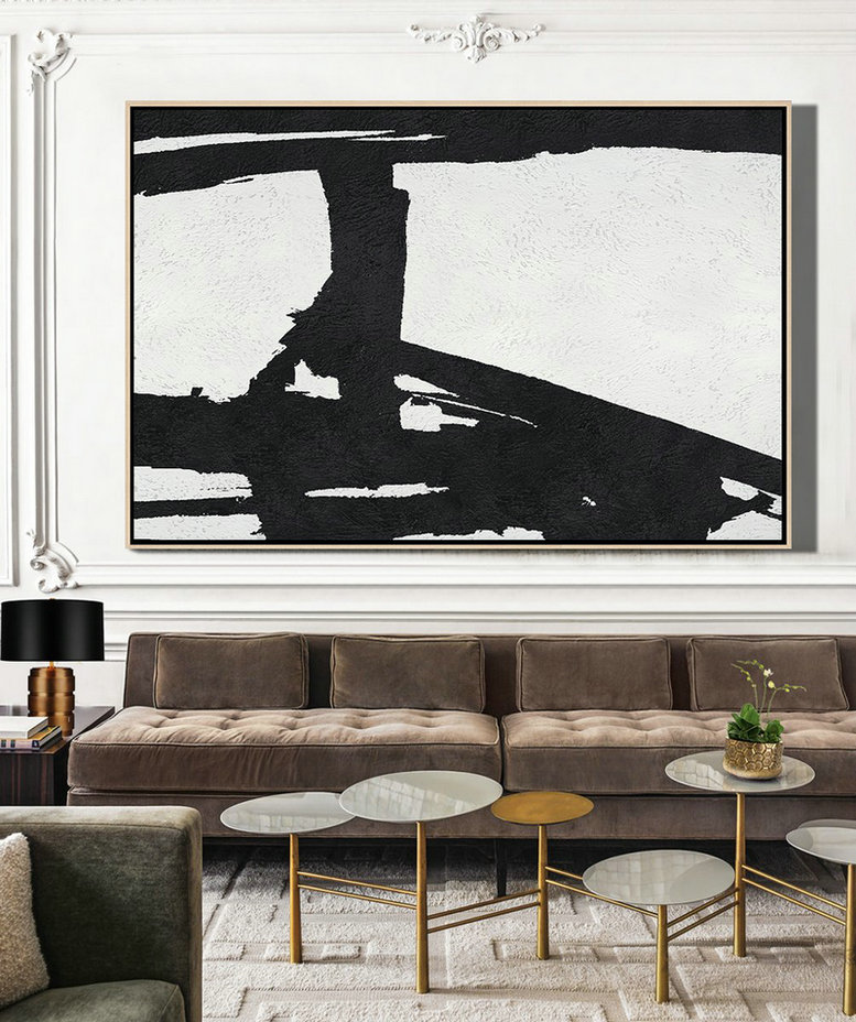 Acrylic Painting On Canvas,Hand Painted Oversized Horizontal Minimal Art On Canvas, Black And White Minimalist Painting - Extra Large Canvas Painting